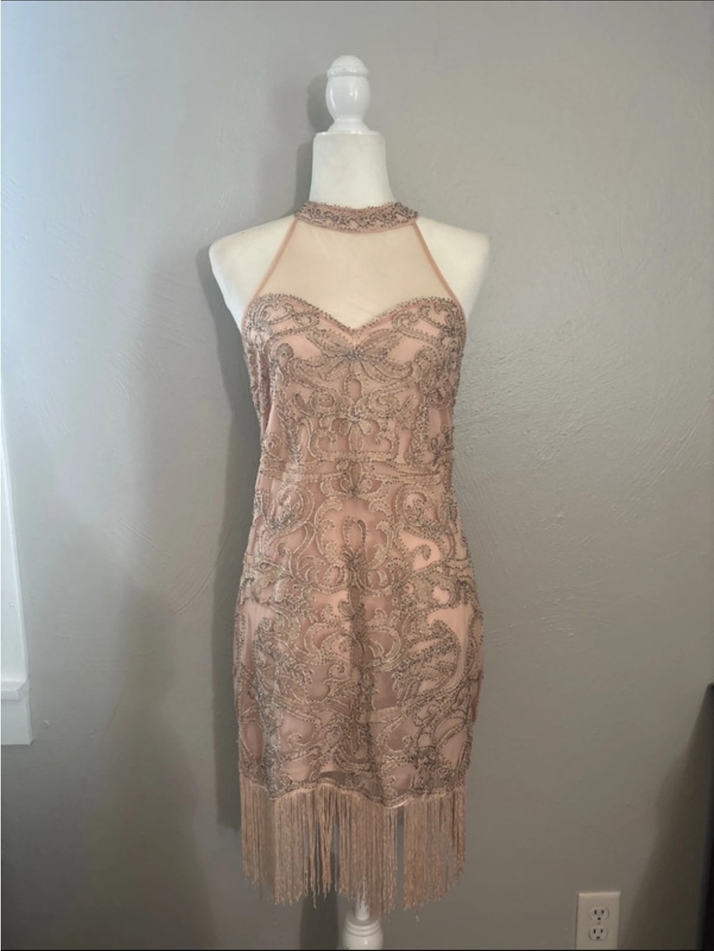 Lulus Blush Beaded Fringe Halter Cocktail Dress